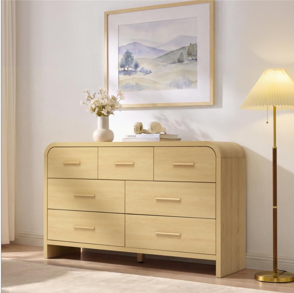 Image of Curved Drawer Dresser for Bedroom with 7 Drawers, 54'' Wide Chest of Drawer