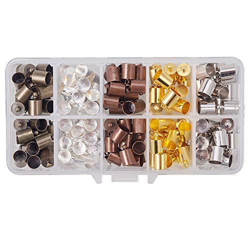 PH PandaHall 180PCS 5 Color Brass Leather Cord Ends Tassel Cap Cord Link Buckle for Kumihimo Barrel and Jewelry Making, 7mm Inner Diameter