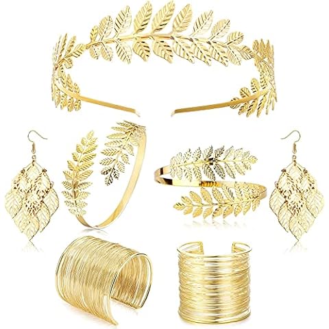 ADRAMATA 7Pcs Greek Goddess Costume Accessories Set for Women Gold Leaf Crown Bracelet Pearl Earrings Bridal Wedding Jewelry, Halloween Party Jewelry,B Cover