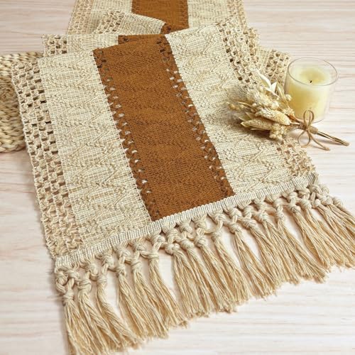FEXIA Boho Table Runner 72 Inches Long Thanksgiving Decor Macrame Table Runner Farmhouse Style with Tassels for Party Bohemian Rustic Wedding Bridal Shower Dining Decor Middle Brown (12x72 Inches)