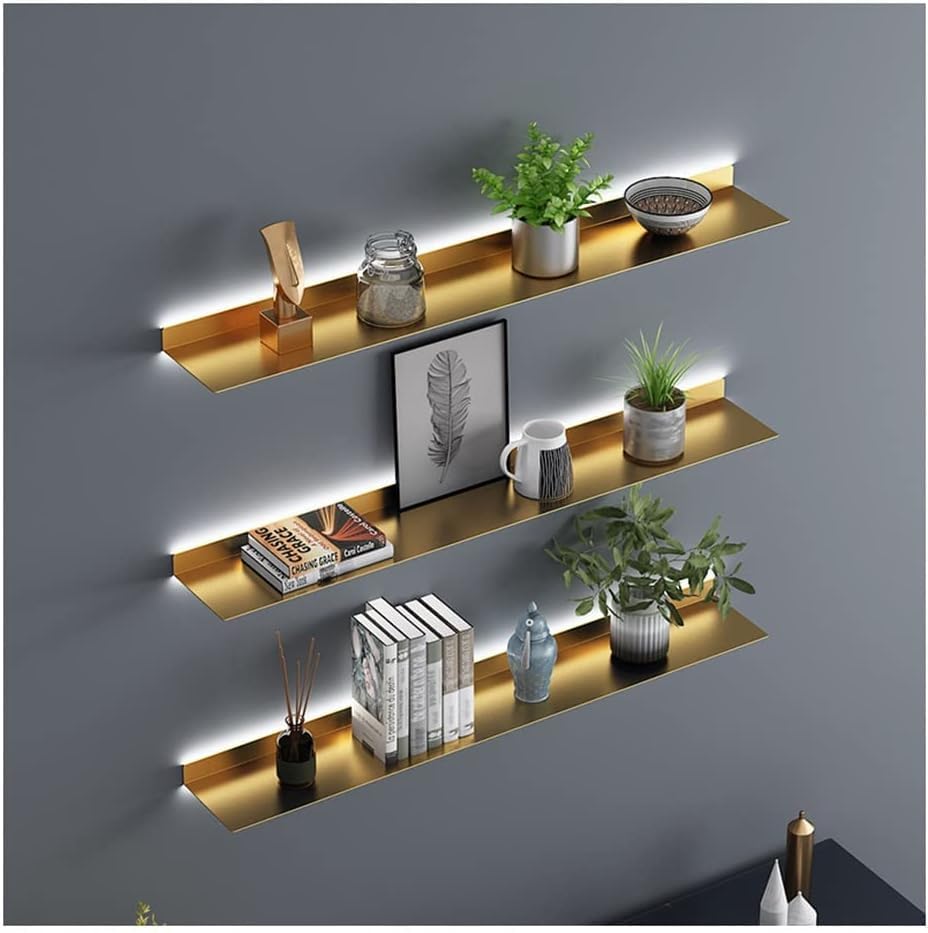 Étagères flottantes dorées 150x15cm avec éclairage LED intégré pour livres et plantes