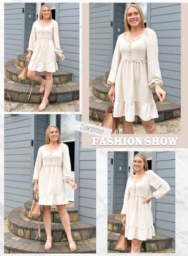 Dokotoo Long Sleeve Dress for Women 2026 Fall Casual Smocked Ruffle Sweetheart Neck Empire Waist Elegant A-Line Mini Dress Apricot Medium — view 6