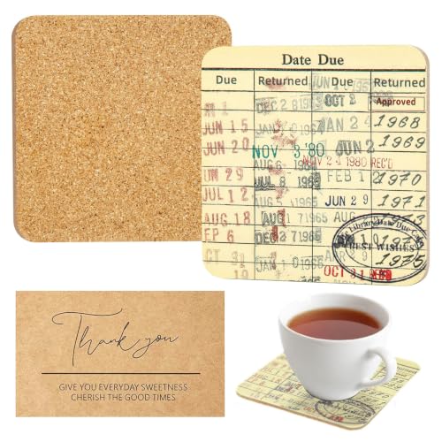 Four cork coasters printed like vintage library due-date cards with gift card