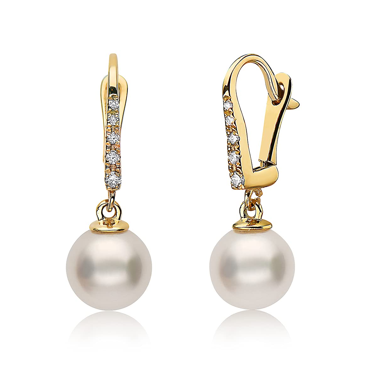 Blue Ocean Pearls 14K Yellow Gold Diamond-Accented 8mm-8 5mm AAA White Freshwater Cultured Pearl Lever-Back Bridal Dangle Drop