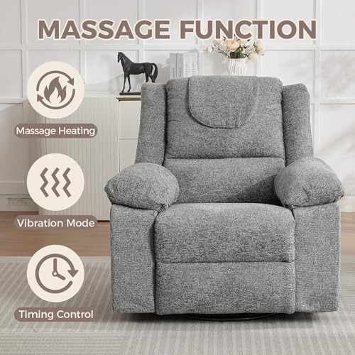 Image of Oversized Swivel Rocking Recliner Chair for Adults, 360 Swivel Glider Nursery Chair with Vibration Massage & Heat, Comfortable Single Sofa for Living Room Bedroom, Gray