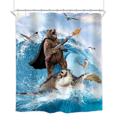 Image of Funny Bear Surfing Shower Curtain Ocean Waves 60Wx72H Inch Decor | Hilarious Bear Riding Sea Turtle Nautical Blue Marine Novelty Print Waterproof Polyester Fabric Bathroom 12 Hooks