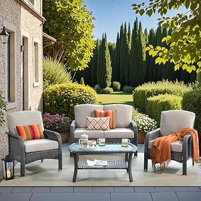 XIZZI 4 Pieces Patio Furniture Set - Wicker Patio Set Outdoor Conversation Set,All Weather High Back Rattan Chairs and Sofa Set,Porch Deck Balcony Backyard Furniture,Beige