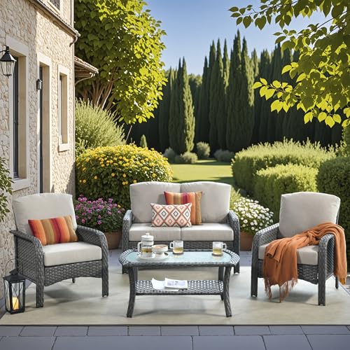 POUUIN 4 Pieces Wicker Patio Furniture - All-Weather PE Wicker