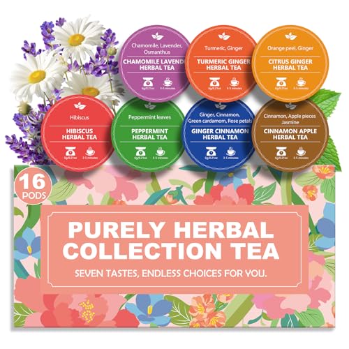 Decaf & Soothing Herbal Tea Gift Set - Relaxing Chamomile Lavender, Cinnamon Apple & Hibiscus Tea, Assorted Variety Tea Gift Set for Women, 7 Flavors, 16Pods