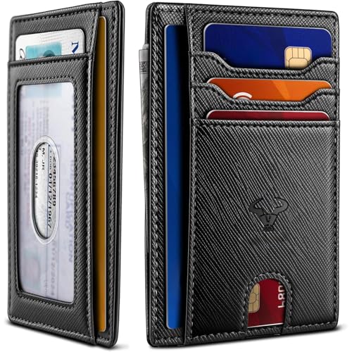 Image of Contacts Genuine Leather Slim Wallet | RFID Blocking Skinny Minimal Thin Front Pocket Wallet Sleeve Card Holder for Men | Up to 7 Card Slots Including 1 ID Window (Saffiano Black)