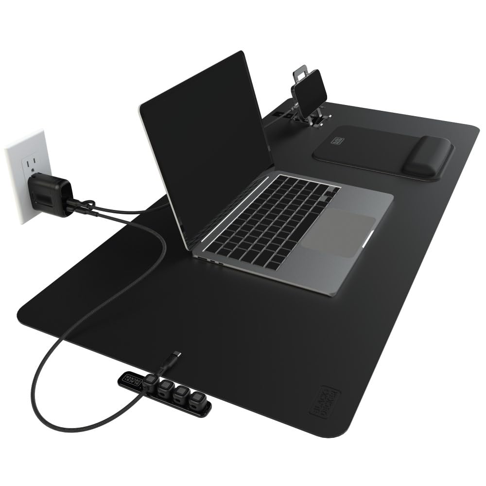 BLACK+DECKER Kit per ufficio e casa, set da 7 pezzi, tappetino da scrivania, caricatore PD a 2 porte, tappetino per mouse ergonomico, supporto per telefono, cavi combinati, organizer per cavi