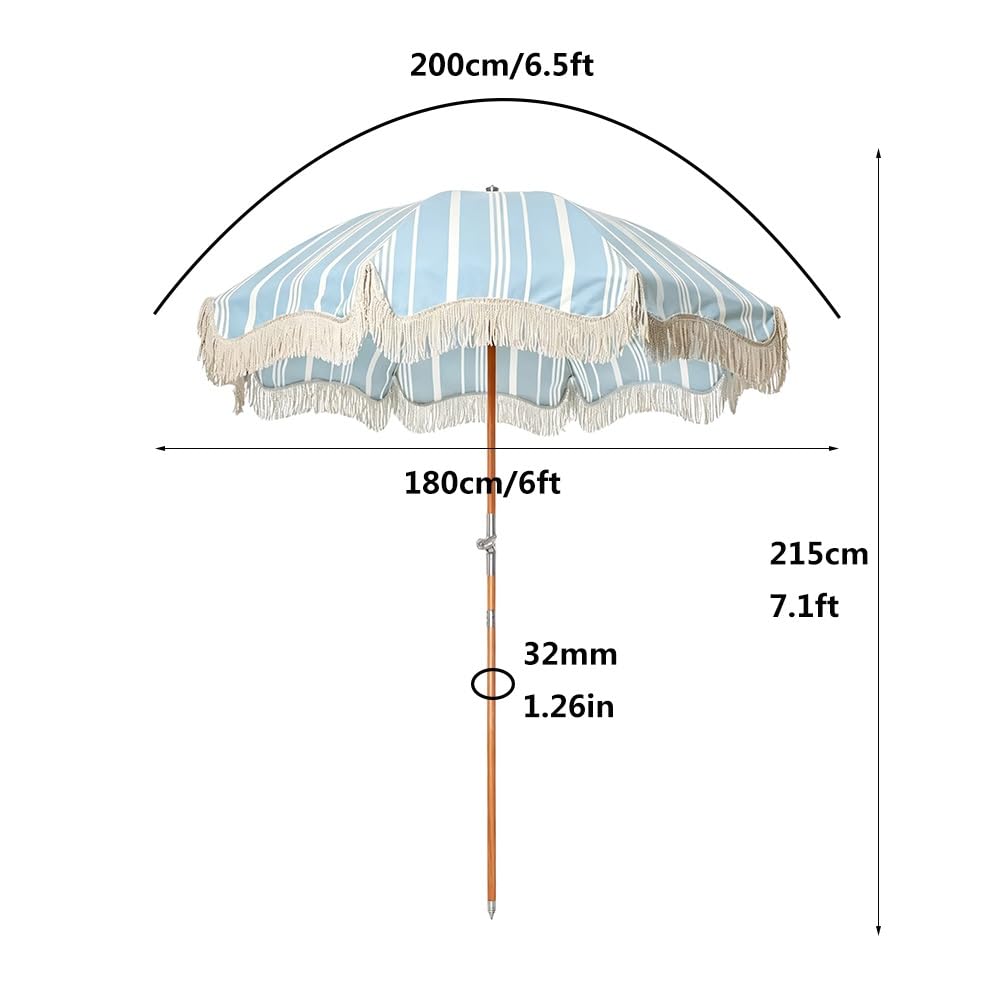Boho Parasol Plażowy z Frędzlami 200 cm, Parasol Ogrodowy w Paski z Regulacją Nachylenia, Ochrona UV Wodoodporny do Basenu, Ogrodu i na Zewnątrz