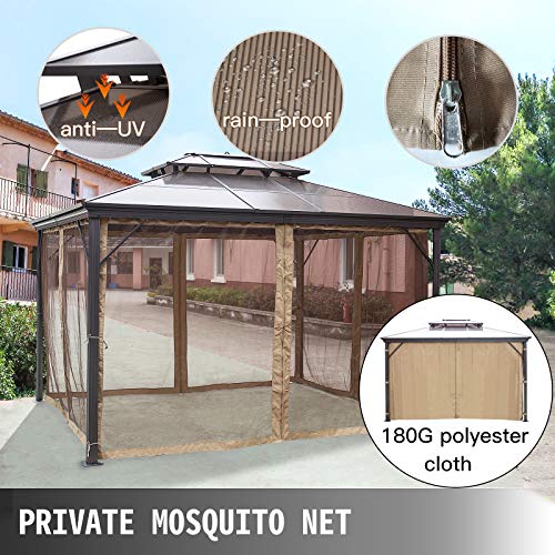 Happybuy Polycarbonate Hardtop Roof Gazebo 10' X 10' With Netting - Metal Gazebo Aluminum Permanent Double Tier Roof- Gazebos For Patios, Backyard, Outdoor And Lawn #TOP5
