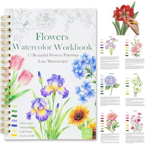 Watercolor Workbook 15 Beautiful Flowers Paintings for Adults &Teens Beginners Water Coloring Book 140lb Cold Press Cotton Watercolor Paper-Ideal Gifts to Spark Creativity Stress Relief(10.2 x 6.9)