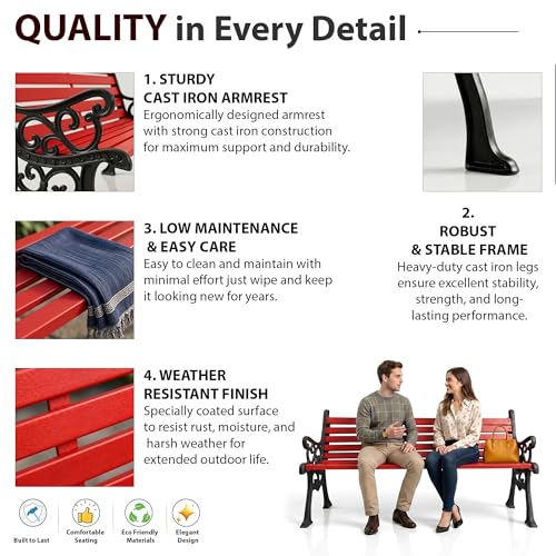 Image of BRISHI 3 Seater cast Iron Garden Bench for Indoor & Outdoor Park /Patio /Living Room /Terrace /Balcony (White) (Black + Red)