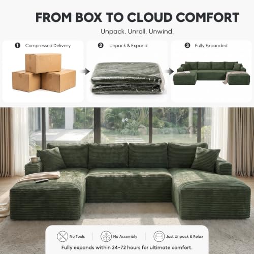 Image of 133 inch Oversized Cloud Boneless Sofa Couch with Chaise, Modern Corduroy U Shaped Modular Sectional Sofa with Deep Seat, Comfy Couch with Cupholders and Storage, No Assembly Required-Green