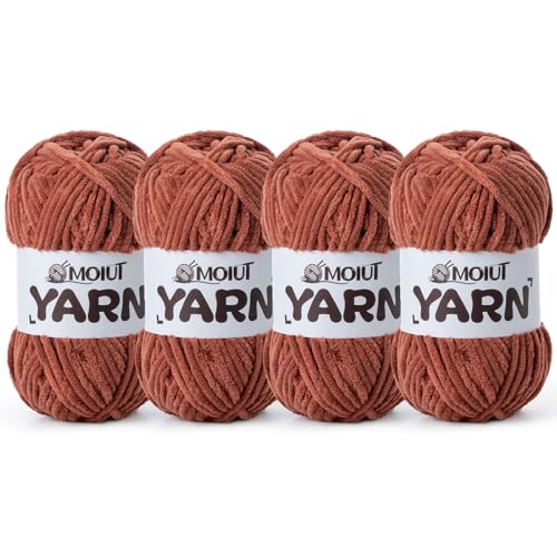 Image of 4 Packs Fluffy Chenille Yarn for Crocheting, Chunky Velvet Yarns for Crochet Amigurumi, Baby Yarn for Crocheting Soft Blanket, 349.9yds /14.1 oz Bulky Yarns for Crafts /Hats /Shoes /Socks (4 Rust)
