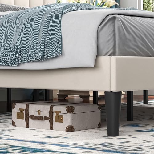 Image of VECELO King Size Bed Frame with Upholstered Headboard, Velvet Platform Bedframe Mattress Foundation, Strong Wood Slat Support, No Box Spring Needed,Velvet Beige