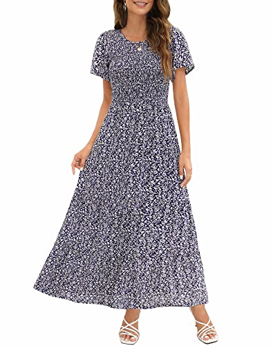 Kranda Women Summer Dress Round Neck Flutter Short Sleeve Smocked Ruffle Tiered Floral Maxi Dress 2024