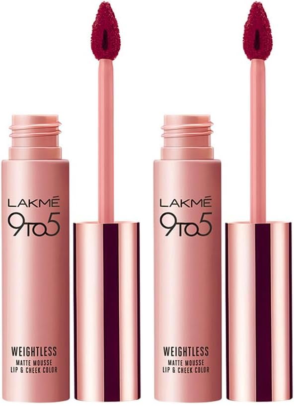 Image of LAKME Double Duty Lip & Cheek Mousse Matte Lipstick & Soft Blush, Lightweight, Long Lasting, Dewy Look, Rosy Plum,9g (Pack of 2)
