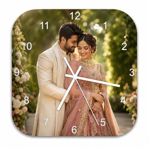Image of Personalized Square Photo Wall Clock - Custom Photo Clock for Couple, Family, Brother & Sister | Customized Birthday, Anniversary & Raksha Bandhan Gift | Home & Office Wall Decor