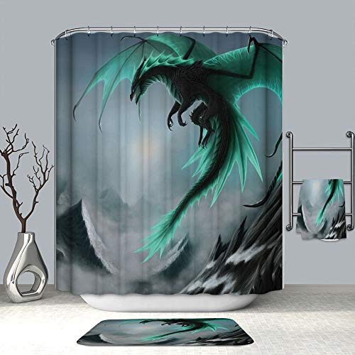 Chickwin Chickw1 Drachen Duschvorhang Wasserdicht Anti-Schimmel Anti-Bakteriell mit 12 Haken Duschvorhangringe Polyester Bad Vorhang für Badezimmer Decor 3D Drucken (Grüner Drache,180x200cm)