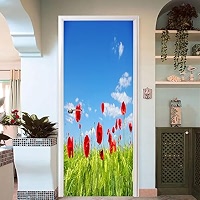3D Red Poppy Flowers Door Sticker, Nature Scenic Blue Sky Wall