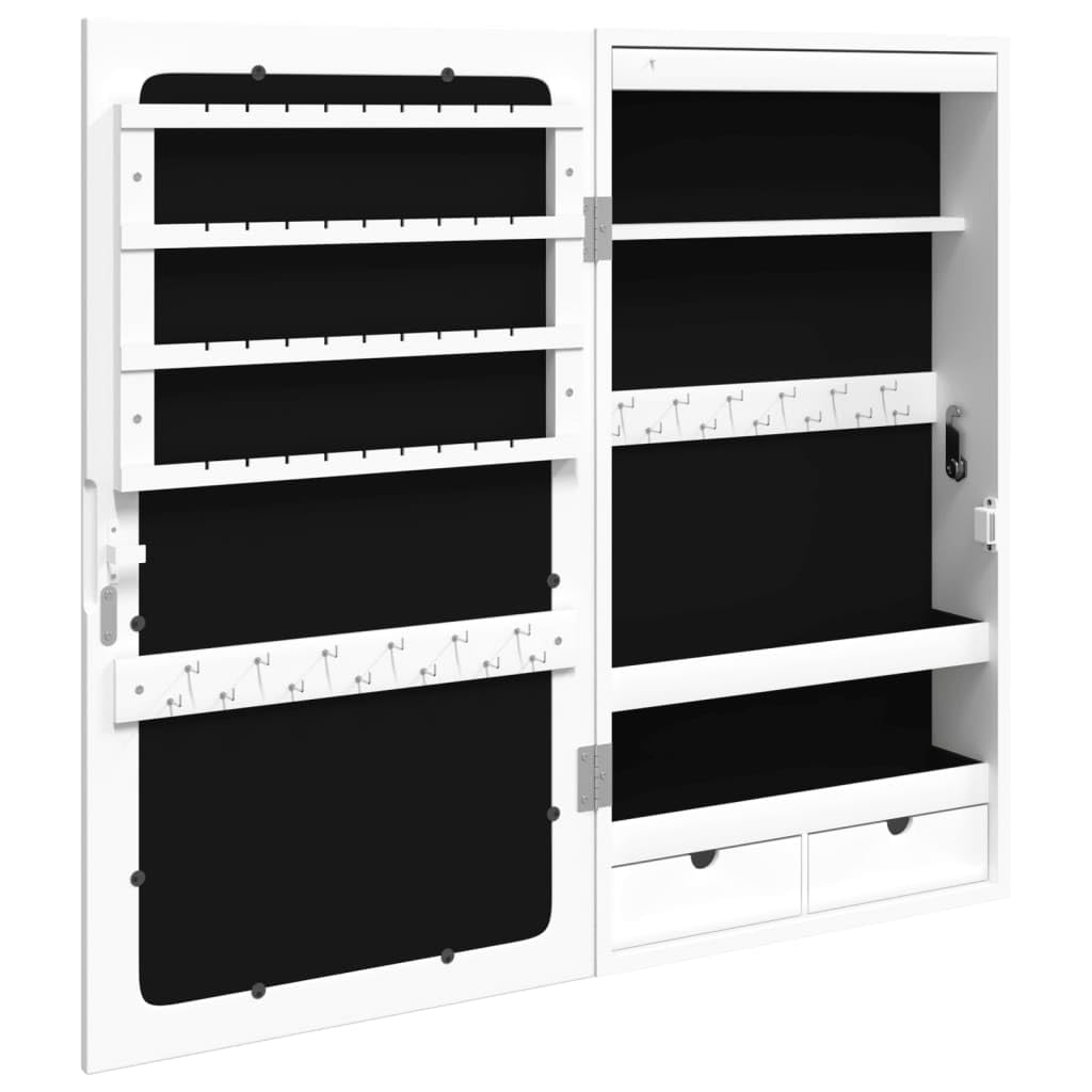 Lustro szafka na biżuterię z oświetleniem LED, montaż na ścianie, biały, 37,5 x 10 x 67 cm, materiał drewnopochodny, zamykana, do łazienki, sypialni, korytarza