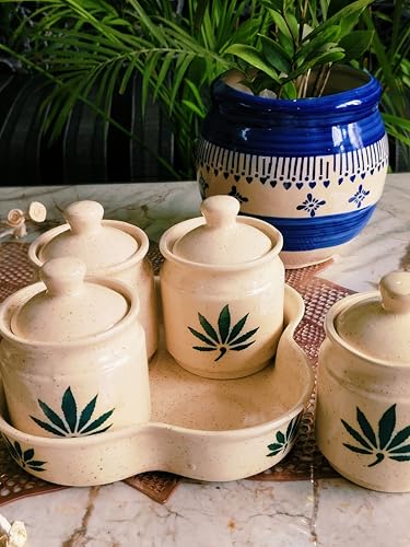 Image of Niyara Multipurpose Storage Ceramic Pickle set Jars with Lid & tray (Set of 4, 300 ml) (Hemp)