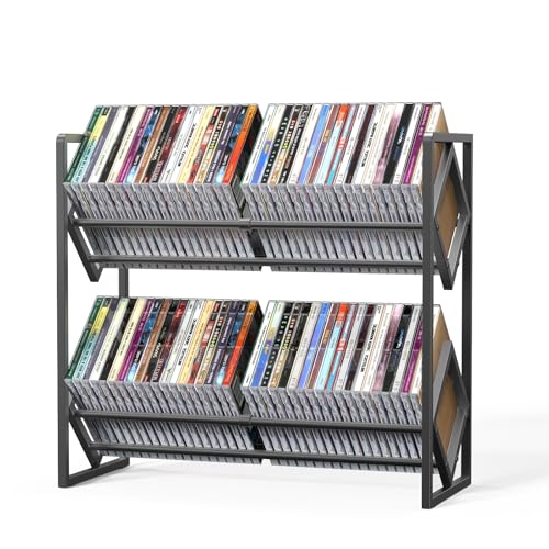 PAPAGIFTREE 2-Tier CD Storage Metal Display Shelf CD Holder Rack with Adjustable Divider Store up to 80 CDs for Non-slip Feet Modern for Music Collection Enthusiasts Home Organization and Decor