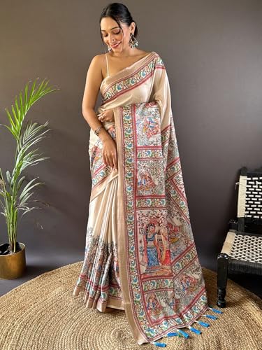 Image of Panzora Women's Tussar Silk Madhubani Printed Saree With Unstitched Blouse Piece