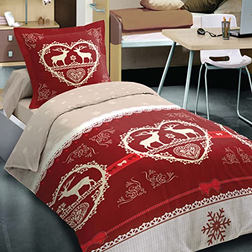 Alpes Blanc - Housse de Couette Chalet Winter Rouge + 1 Taie Carrée - 100% Coton Qualité Supérieure - Grand Teint - Parure Esprit Montagne - 140 x 200 cm