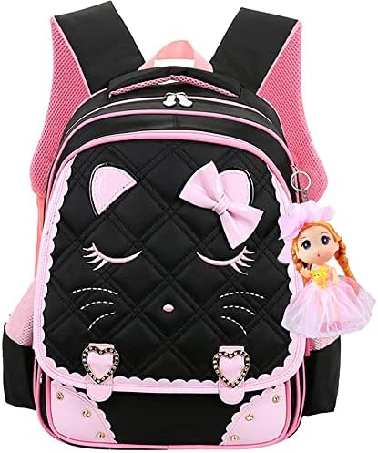 Cat Face Girls Backpack Kids School Bookbag for Primary Students Black, Medium