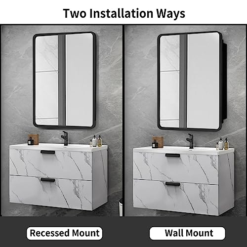 Image of Movo Black Metal Framed Bathroom Mirror Medicine Cabinet, 20 Inch x 31 Inch, Tilting Beveled Vanity Mirror, Recess or Surface Mount Installation