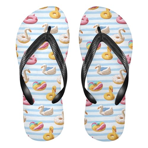 ALAZA Flamingo Swan Circlen Bule Stripes Flip Flops for Women Fashion Beach Slippers Comfort Mens Flip Flops Non-Slip Rubber Shower Slippers Sandal for Hotel Travel Sport,XS