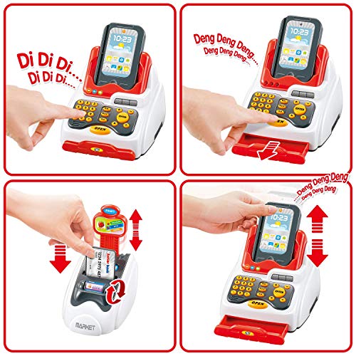Cash Register Toys for Kids, Toy Grocery Store with Checkout Scanner,Fruit Card Reader, Credit Card Machine, Play Food & Money Set, Educational Toys for Boys & Girls, Gifts for Toddlers Preschoolers