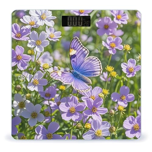 Báscula digital de baño con mariposa y flores moradas miniatura 1