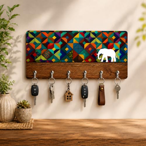 Elephant Printed MDF Wooden Key Holder for Wall | 6 Hooks Decorat...