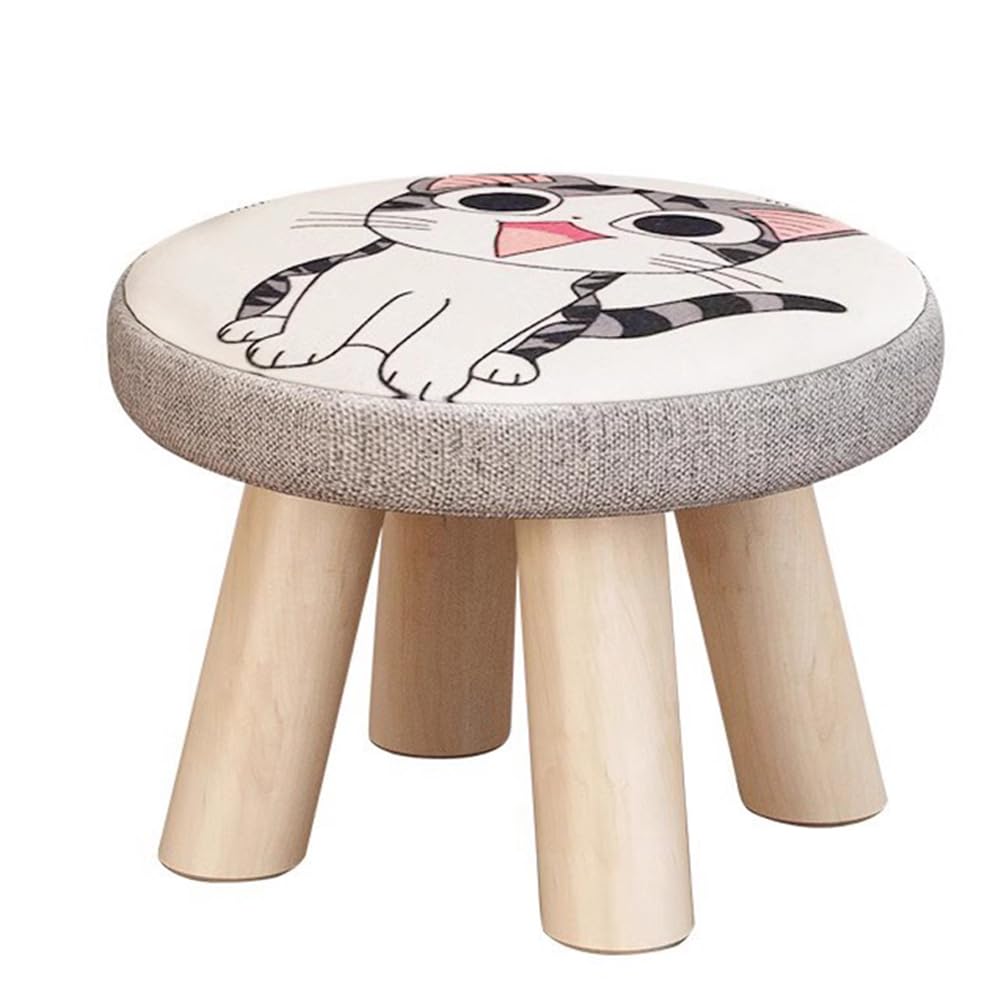 TOMVAES Round Footrest Ottoman, Small Wood Stool with Fabric Padded Seat, Sofa Stool for Kids, Shoe Changing Footstool, Low Stool Removable Stool Cover (Cat)