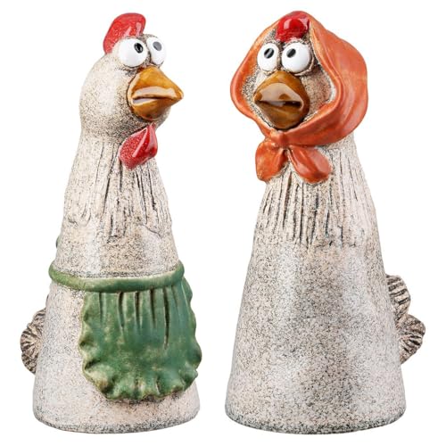 MF Dekorative Garten-Zaunfiguren Hühner, 2er-Set, 21 cm, Keramik-Figuren in Hellbraun mit Grün und Rot
