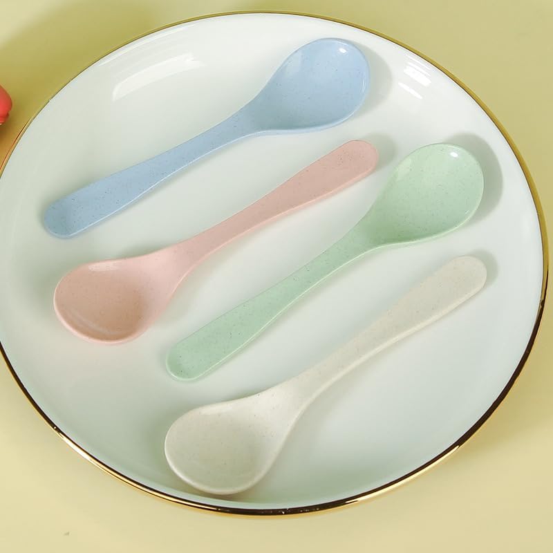 4Pcs Beige Spoons,Wheat Straw Household Long Handle Small Soup Spoons