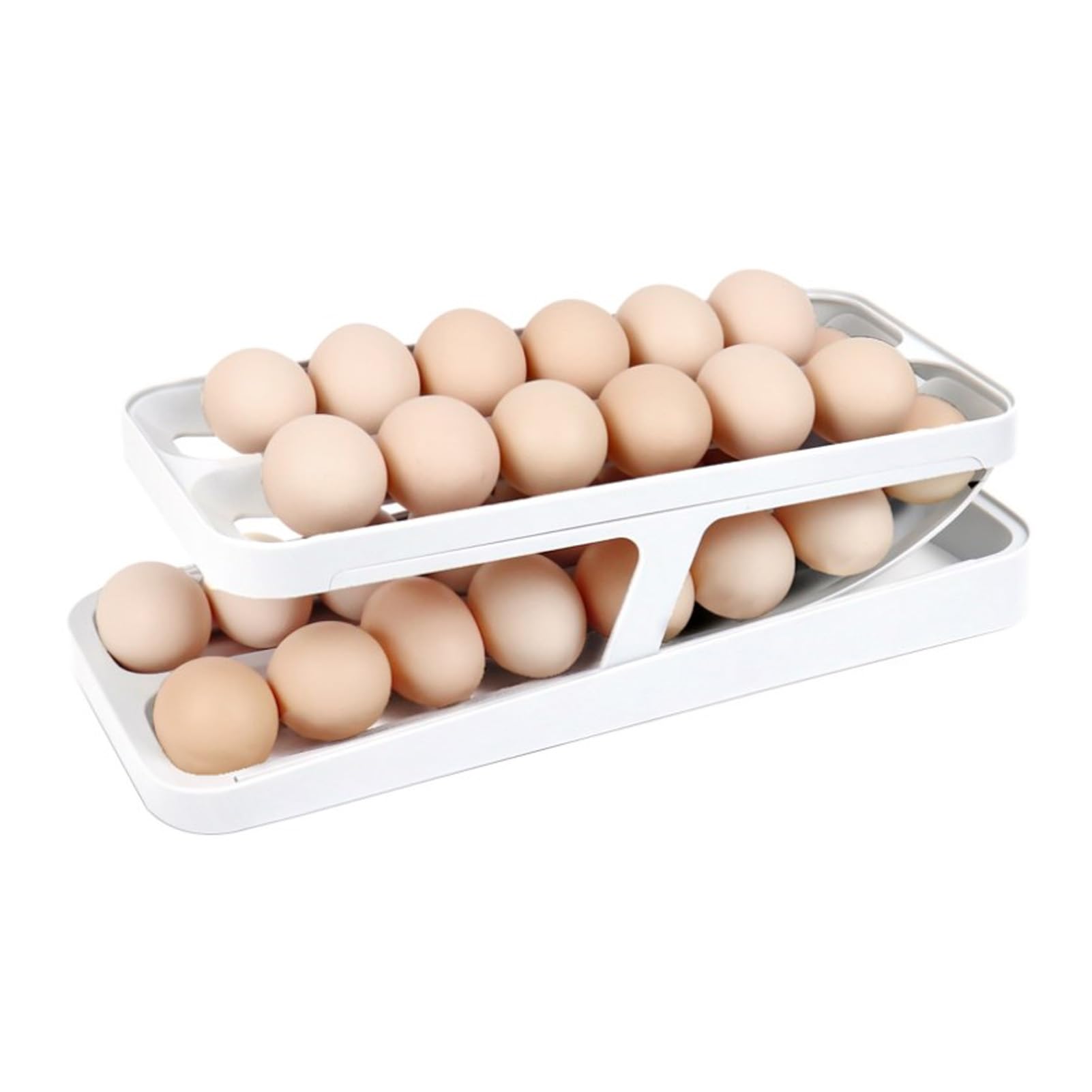 Egg Holder for Refrigerator, 2 Tier 2 Row Automatically Rolling Egg Storage Container Space Saving Egg Dispenser Dishwasher Safe Plastic Egg Tray for Frige Countertop Cabinet