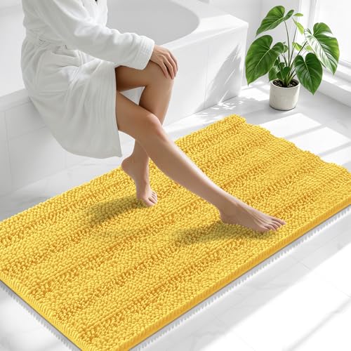 Image of Smiry Thick Chenille Bathroom Runner Rugs 47x24, Extra Absorbent Striped Bath Mat, Machine Washable, Rubber Backing, Long Bath Rugs for Tub & Shower, Modern Home Decor Accessories, Yellow