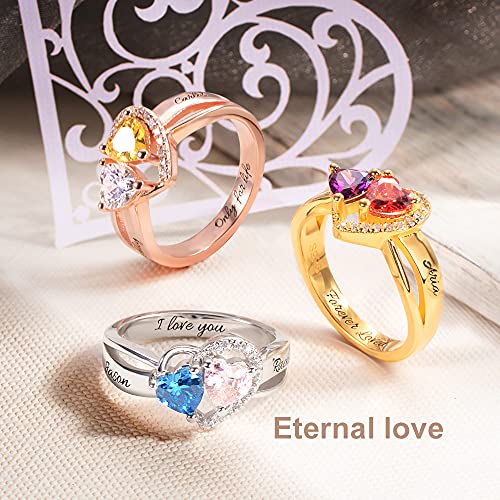 AILIN Personalized Heart Promise Rings For Her 925 Sterling Silver Love Engagement Ring Mother Rings With 2 Simulated Birthstones Custom Engraved Couples Name Ring for Women3