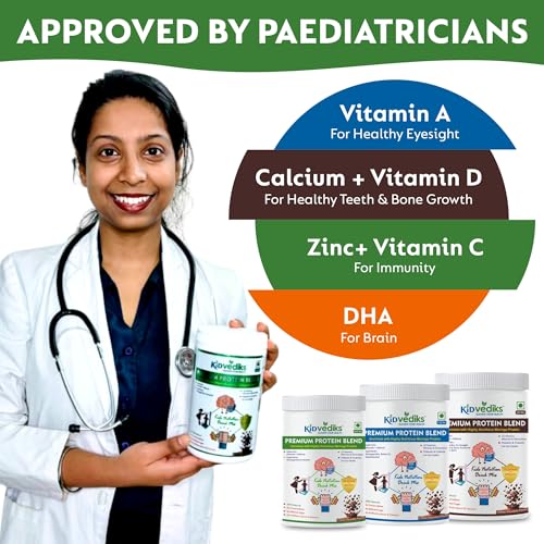 Image of KidVediks Kids Nutrition Drink Mix | Ages 7-12 | Pack of 2 ( 350gm Each) - 8g Protein /Serving | 5 Premium Protein Sources | 23 Vitamins & Minerals | No Refined Sugar, Artificial Flavours or Preservatives| Yummy Chocolate Flavour | Supports Healthy Growth & Immunity - 350g