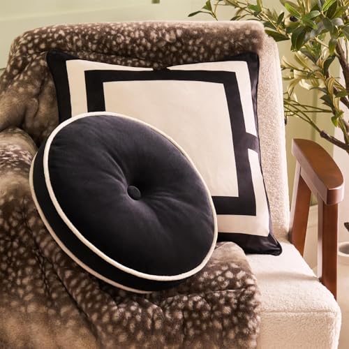 OHS Round Shaped Velvet Throw Pillow Soft Pleated Floor Pillow Round Scatter Cushion Decorative Couch Floor Seating Cushion for Sofa Chair Bedroom, Black/Cream - 40cm