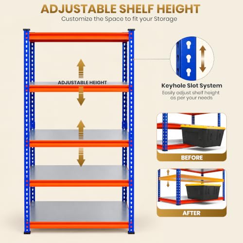 Image of JD FRESH 5 Tier Multipurpose Metal Storage Rack /GI Steel Shelf Boltless Rack with Stiffener /72x36x12 inch Adjustable Standing Shelves Unit /175kg Load Per Shelf /Storage Rack for Shop(Blue&Orange)