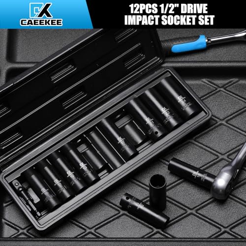 Image of 12-Piece 1 /2 inch Drive Deep Impact Socket Set, Metric (10mm - 24mm), 12-Point, Cr-V Steel, Includes Drill Socket Adapter
