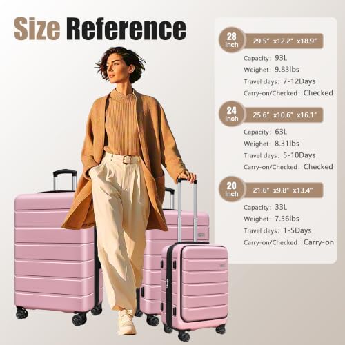 Image of KEYTANG SmileLine 3-Piece Luggage Set Lightweight Hardside Suitcase TSA Lock Spinner Wheels, 20 inch Expandable Carry-On Luggage with Quick Access Front Open Pocket, Bonus Makeup Bag,Pink