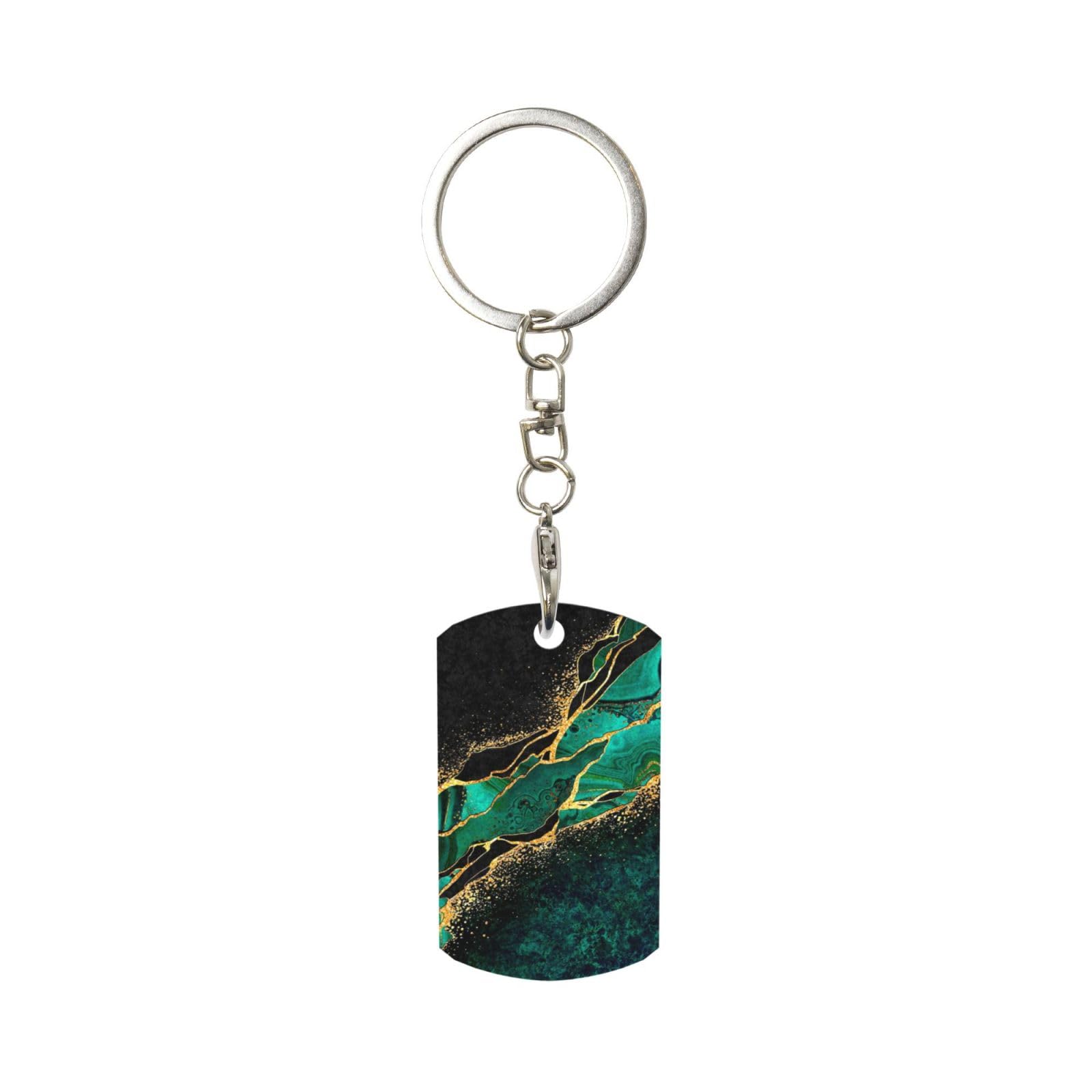 Inomak Unisex As Picture Black Teal Marble Green Malachite With Golden Veins Gold Spots, Rectangular Metal Keychain, Metal Keychains Keyring Key Chain Ring Holder Organizer 1 Pc